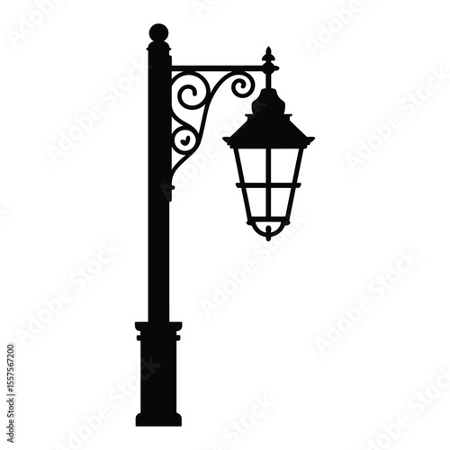 Rustic Wooden Post Lantern Street Lamp Silhouette, Vector, Illustration, Outline, Line Art, Icon, Logo, White Background.