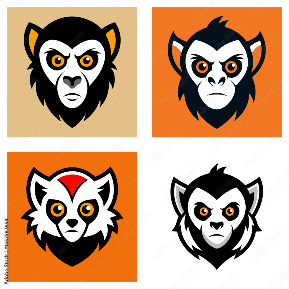 Fototapeta premium Illustration featuring four stylized monkey or lemur heads in a square grid with varying color schemes