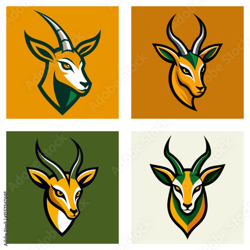 Four stylized springbok head illustrations with varying backgrounds and color schemes used in each