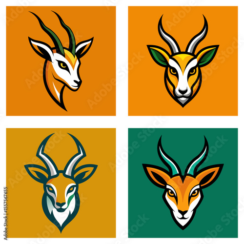 Four square images showcasing stylized springbok heads with varying color palettes and orientations