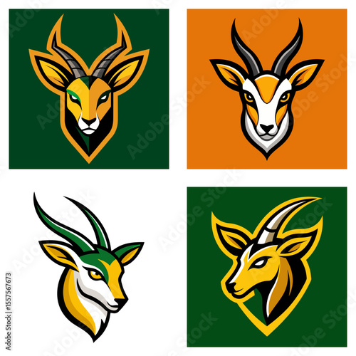 Collection of four stylized springbok head illustrations with varying backgrounds and color schemes
