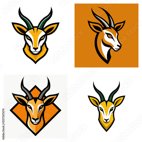 Illustration featuring four stylized springbok heads with varying backgrounds and orientations designs altogether