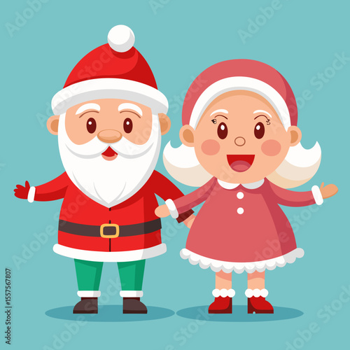 Cute santa claus and mrs claus characters holding hands against a blue background
