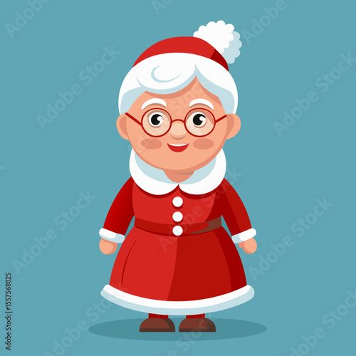 Cute cartoon mrs claus character wearing a red santa suit and hat