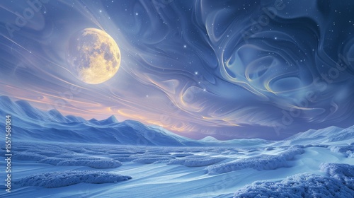 Serene moonlit winter landscape with snowy mountains
