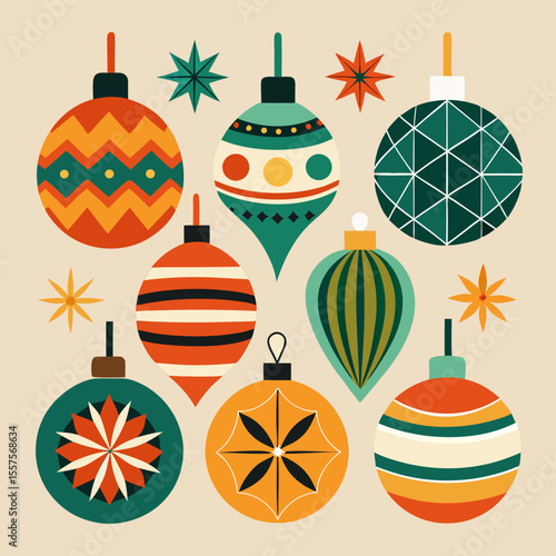 Retro christmas ornaments and stars in a mid century modern style