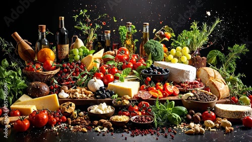 Abundance of fresh mediterranean food splashing on dark background.