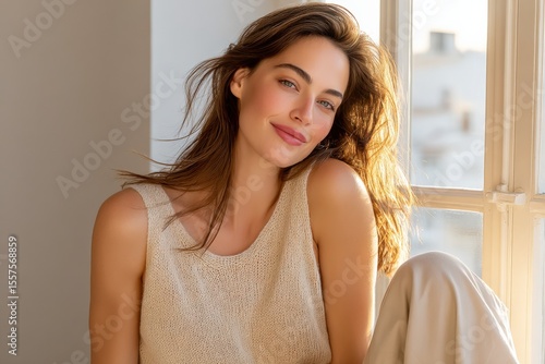 Bright smiling young woman with wavy hair wea a sleeveless top sitting by window with sunlight streaming in, morning indoor portrait Free Download Bright smiling young woman with wavy hair wea a sleeveless top sitting by window with sunlight streaming in, morning indoor portrait - GFXLoad