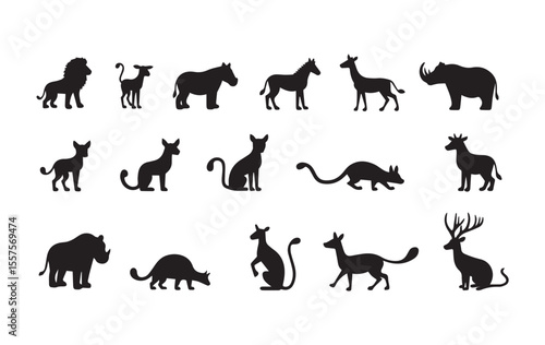 African Animal Silhouette Stock Vectors | Majestic Wildlife Shadows Featuring Lions, Elephants, Giraffes & Safari Beasts.