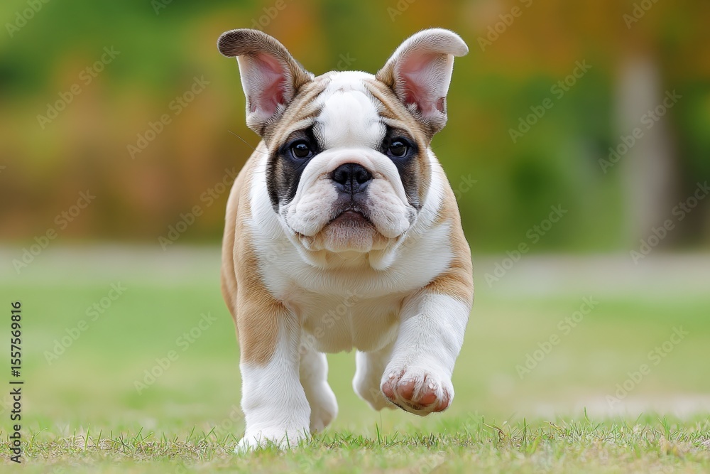 Fototapeta premium Adorable English Bulldog Puppy Running Towards Camera in Green Park Du Sunny Day with Blurred Natural Background
