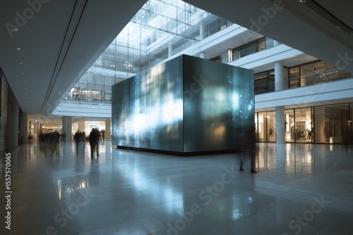 Bright modern airport terminal interior with large digital artwork installation under glass ceiling and spacious walkways with travelers