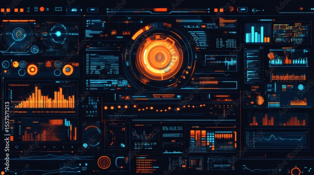 Futuristic HUD with vibrant orange and blue data displays, graphs, and charts. Futuristic HUD with vibrant orange and blue data displays, graphs, and charts.
