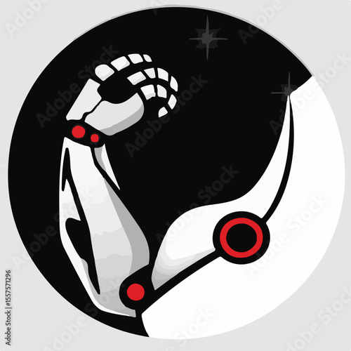 A bold vector illustration showcasing a flexing robotic arm against a split black and white background, symbolizing strength, AI, or advanced technology.