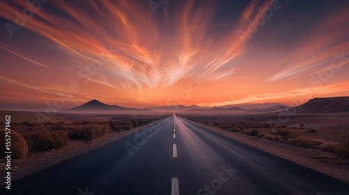 Scenic road under colorful sunset sky.