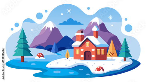 A charming red house is situated on a snow covered island in a tranquil winter scene, with purple mountains and evergreen trees in the background, a calm river surrounds the island