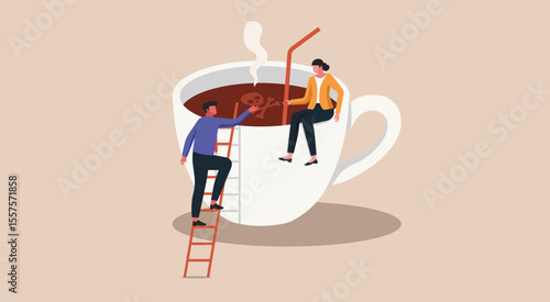 Two office workers with a giant toxic coffee cup and skull symbol in water, concept of hidden harm, burnout, stress culture, and emotional damage as normal daily ritual, flat vector illustration