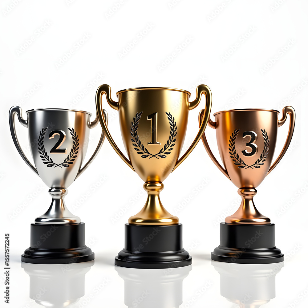 Three shiny trophies represent first, second, and third place in a competition. Three shiny trophies represent first, second, and third place in a competition.