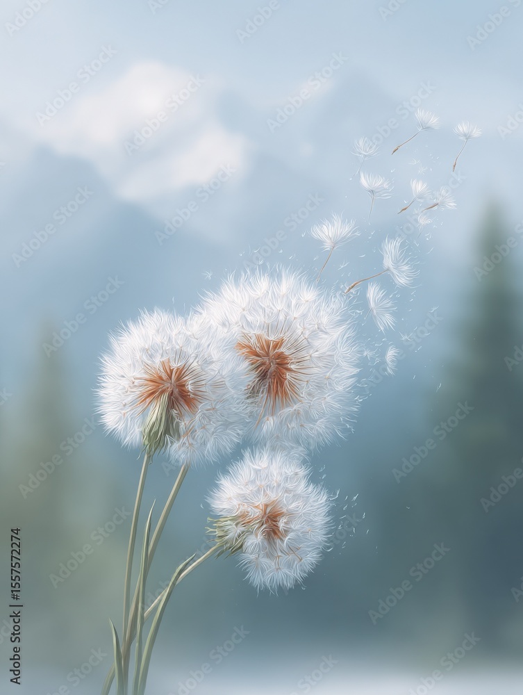 Obraz premium Close-up of Dandelion seed heads with fluffy white parachutes dispersing in the breeze against a soft blue sky background