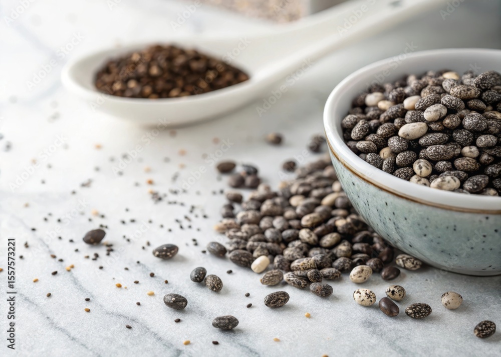 Intricate patterns of black and grey speckled chia seeds closeup photography natural environment studio setting extreme detail capture Intricate patterns of black and grey speckled chia seeds closeup photography natural environment studio setting extreme detail capture