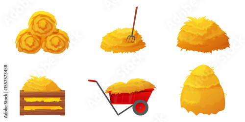 Set of hay and straw clipart. Includes flat farm piles, isolated bales, grass stacks, wooden box, rake, and sack. Perfect for village scenes, agriculture projects, and rural icons.