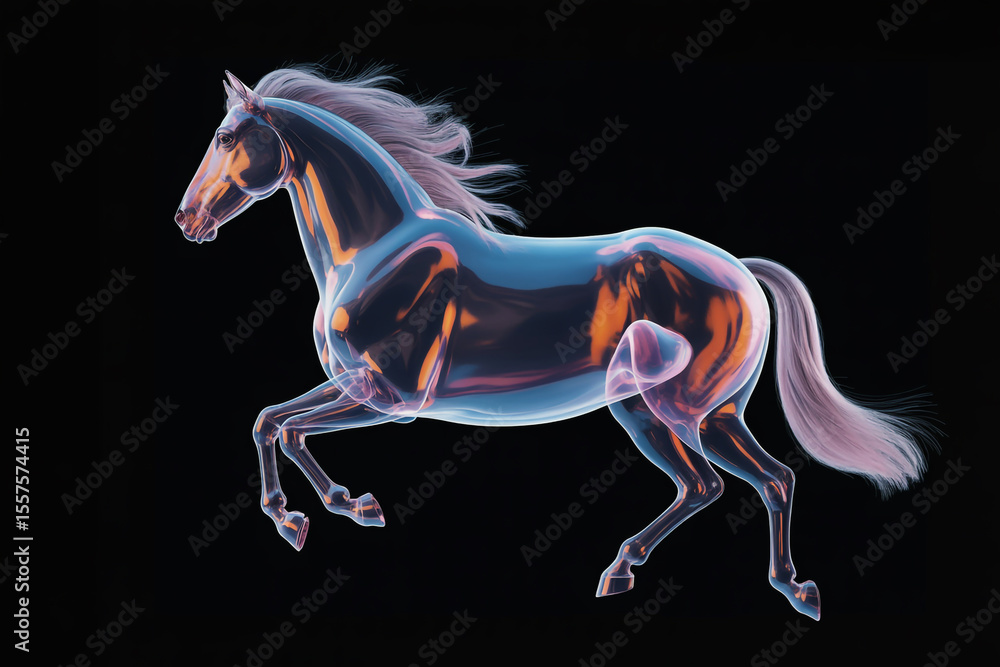 A translucent horse with orange and blue reflections running on a black background art piece A translucent horse with orange and blue reflections running on a black background art piece