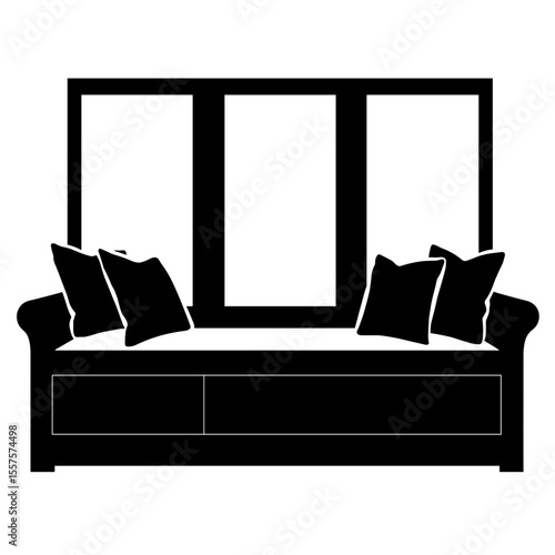 Silhouette of window bench with cushion and hidden drawers, interior design copyspace