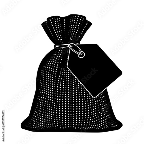 Silhouette of burlap bag with tag, eco-friendly packaging copyspace