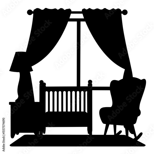 Silhouette of nursery with crib and rocking chair, family comfort theme