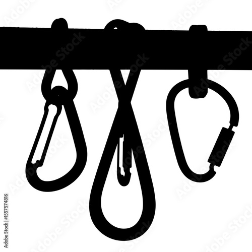 Silhouette of carabiners hanging on harness, equipment organization