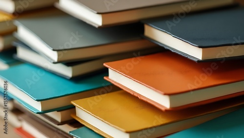 A stack of colorful leather notebooks on a wooden surface