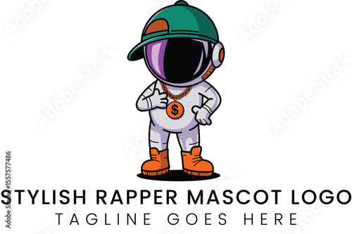 Cool cartoon rapper astronaut mascot design illustration with cap and chain