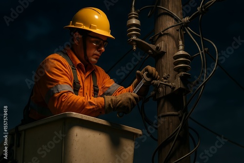 Macro Shot of Utility Worker Performing Electrical Maintenance on Pole 8K Resolution