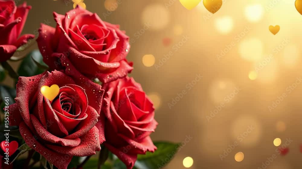 Red rose blooms with water drops and bokeh light. Floating hearts for greeting card, celebration, and romantic occasion. Red rose blooms with water drops and bokeh light. Floating hearts for greeting card, celebration, and romantic occasion.