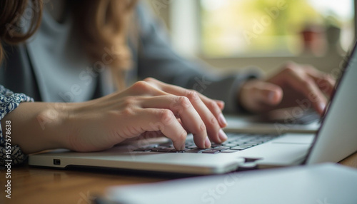 Close-up of woman's hands typing on a laptop, focusing on digital communication