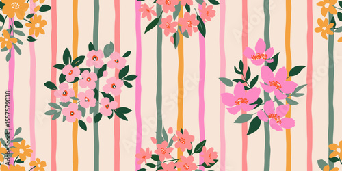 Trendy floral seamless pattern with vertical stripes. Modern flowers print in cute design for fabric, textiles, clothing, packaging, cover, banner, home decor and backgrounds. Vector illustrations.