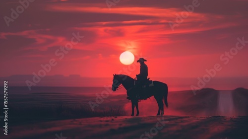 A cowboy silhouette against a sunset sky.