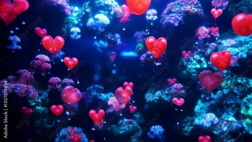 Red Heart-Shaped Jellyfishes in Deep Ocean Red Heart-Shaped Jellyfishes in Deep Ocean