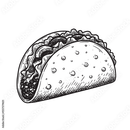 Detailed monochrome taco illustration showcasing the delicious fillings within a vintage art silhouette perfect for food and menu design projects