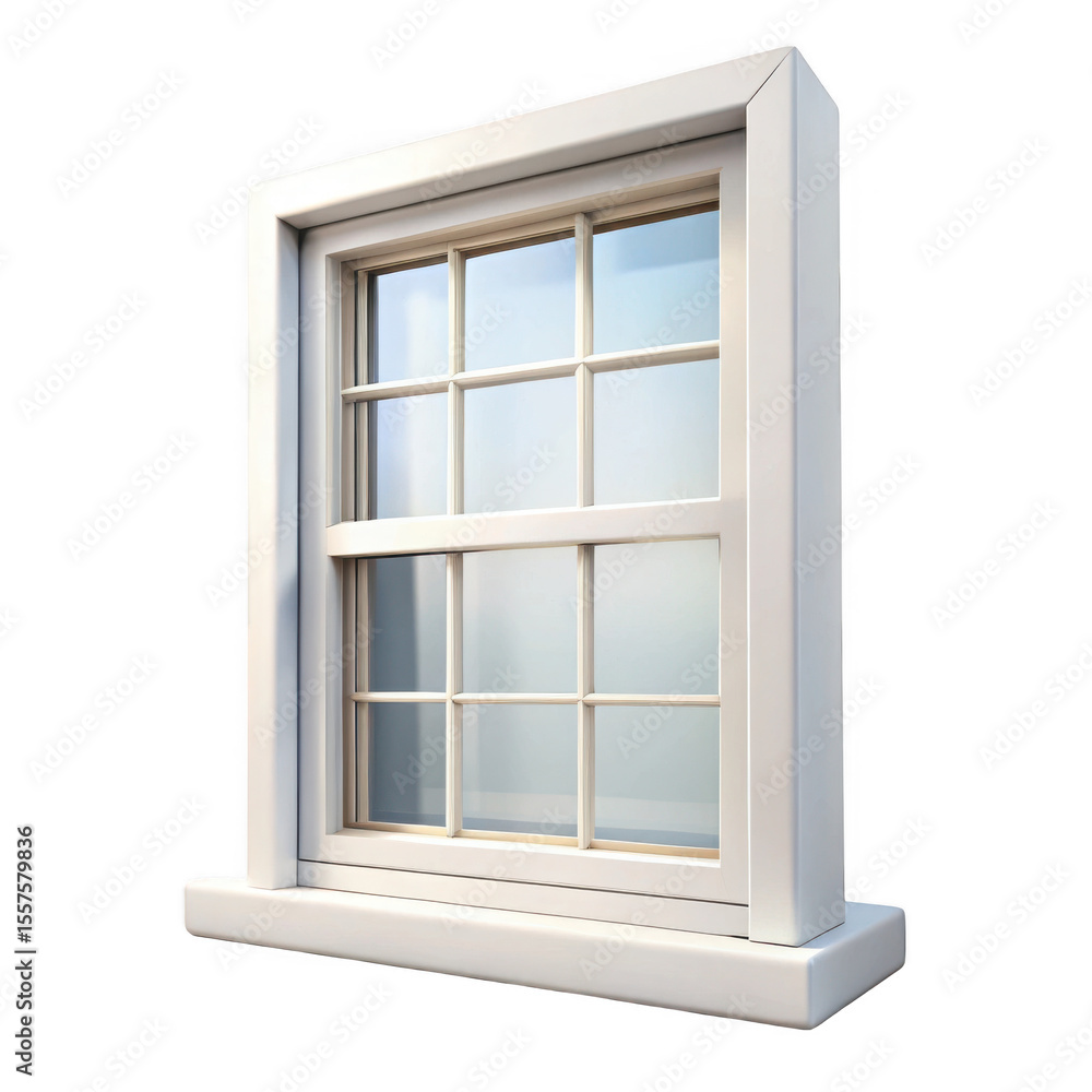 Obraz premium White double hung window with grids isolated on transparent background
