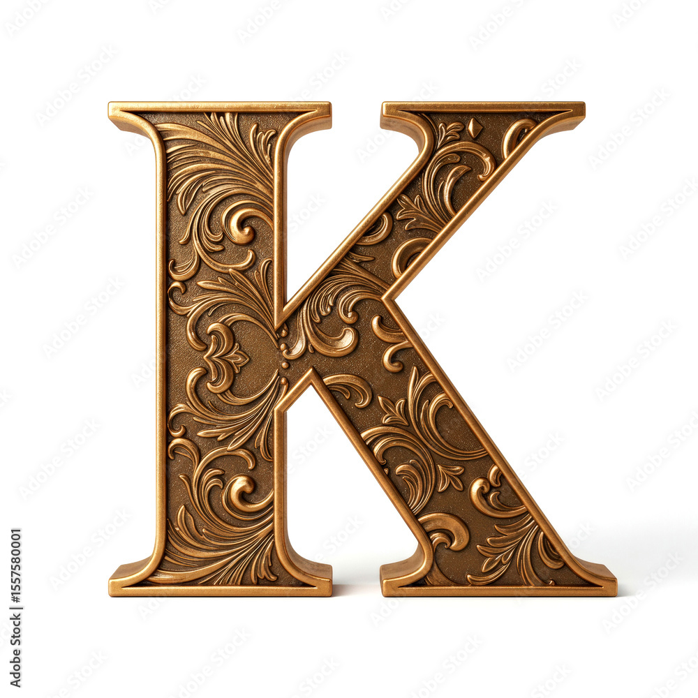 Fototapeta premium Bronze letter K with pattern on solid white background