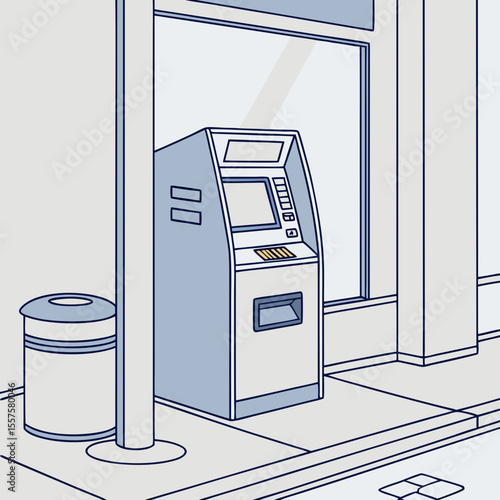 ATM machine standing by the window on a city sidewalk  