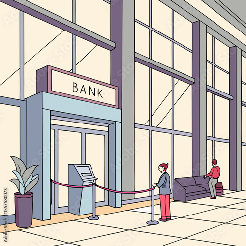 Bank interior with people waiting and an ATM on a sunny day  