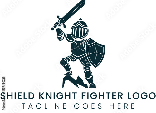 Armored knight logo design holds sword and shield ready for battle