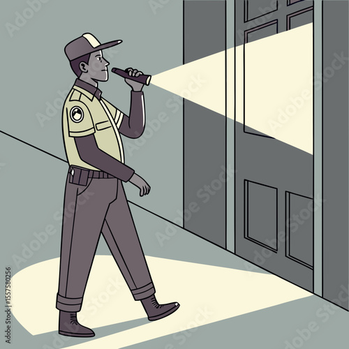Security guard walking with flashlight while inspecting a door  