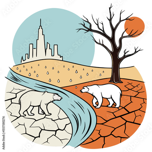 Polar bears on drought landscape contrasting with city skyline  
