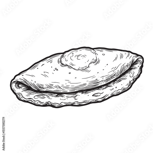 Hand drawn black and white silhouette of a delicious savory crepe with a swirl of creamy topping on a white background.