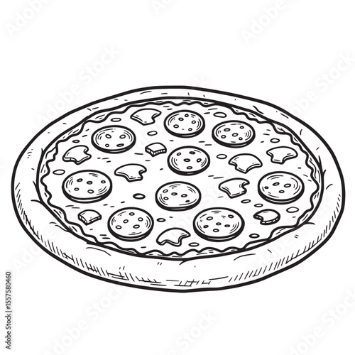 Hand drawn illustration of a whole pizza with pepperoni and mushrooms topping in vintage art silhouette style