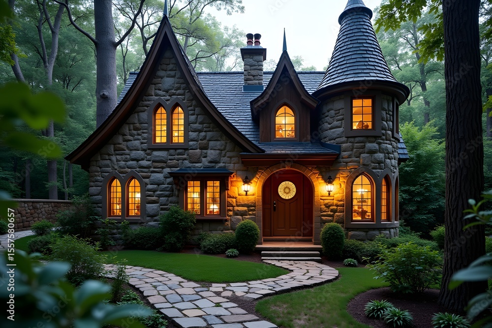Fototapeta premium Enchanting stone cottage with glowing windows fairytale
