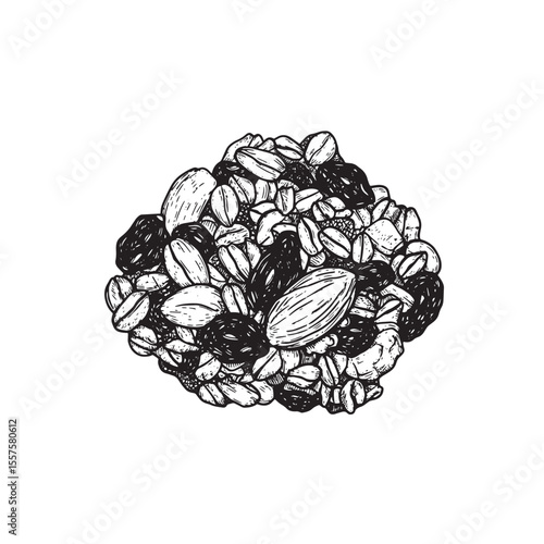 Hand drawn vintage art silhouette illustration of a delicious granola cluster with almonds raisins and various seeds on white background
