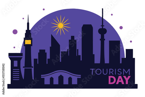 Celebrate World Tourism Day with this night skyline vector of Dubai, Paris, and Tokyo. Features iconic landmarks, fireworks, and a moon-shaped badge in a glowing blue-purple color palette on white.